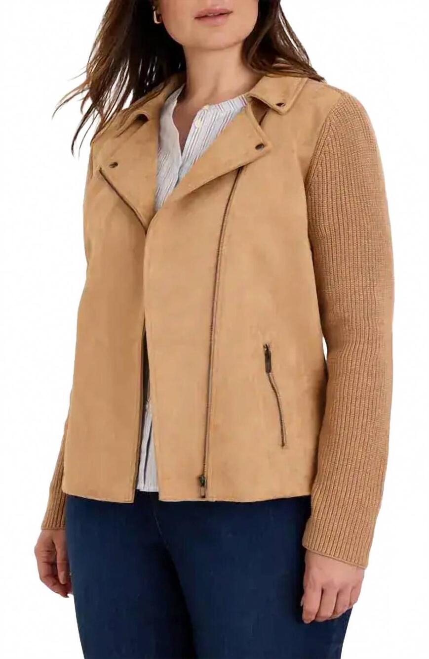 NEW NIC + ZOE women's mixed media moto jacket in caramel